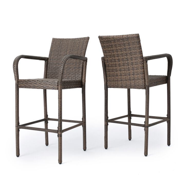 Drip Outdoor Barstool Chair Set of 2, Brown PE Rattan Woven and Iron - Benzara