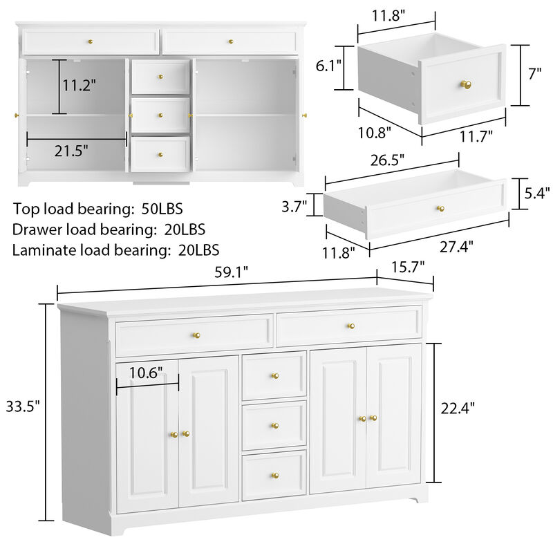 White Wooden Sideboard with 2 Large Drawers, 3 Small Drawers and 2 Cabinets 59.1 in. W 33.5 in. H x 15.7 in. D