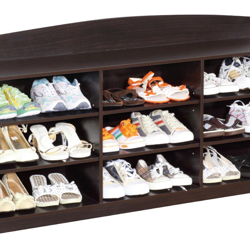 48 Inch Classic Wood Shoe Rack, 9 Cubbies, Elegant Wood Grains, Dark Brown-Benzara