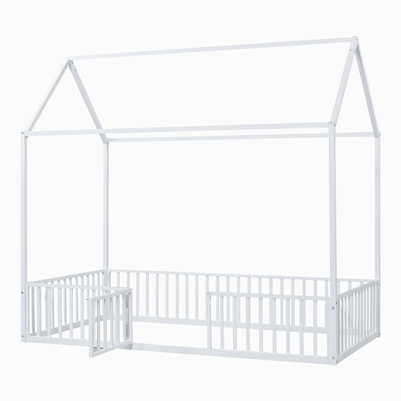 Merax Metal House Bed with Fence and Door
