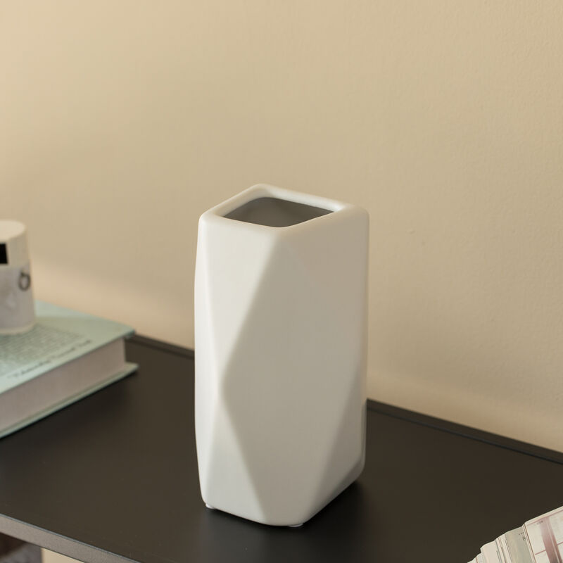 8" H Decorative Ceramic Multi Paned Vase, Modern Style Centerpiece Table Vase White, Medium