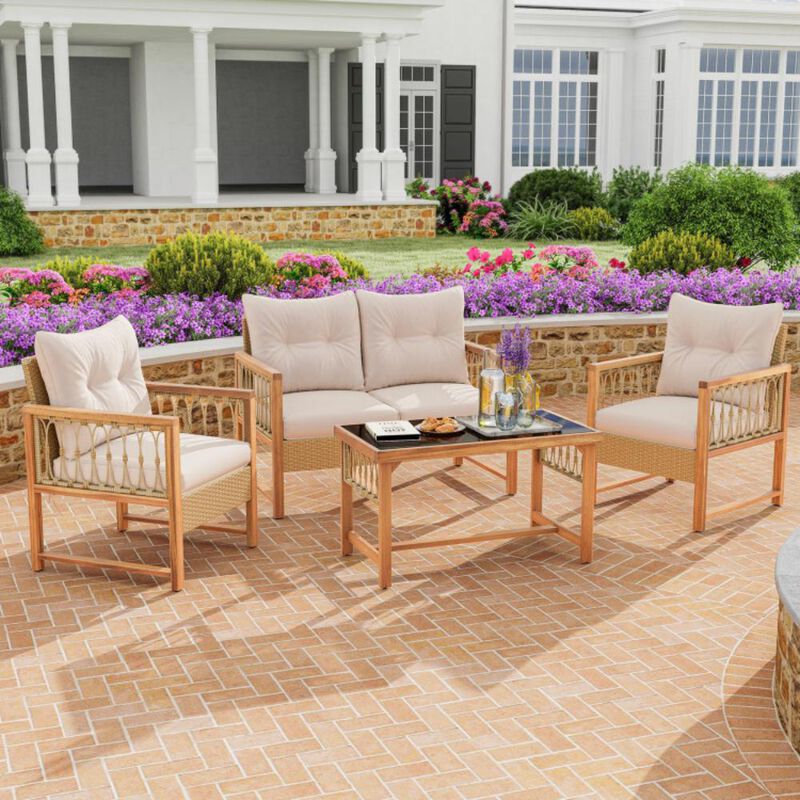Hivvago 4 Pieces Outdoor Patio PE Wicker Conversation Bistro Set with Acacia Wood Frame