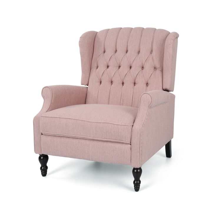 Jade Oversize Wide Chair Manual Recliner, Wingback, Pink Tufted - Benzara Jade Oversize Wide Chair Manual Recliner, Wingback, Pink Tufted - Benzara