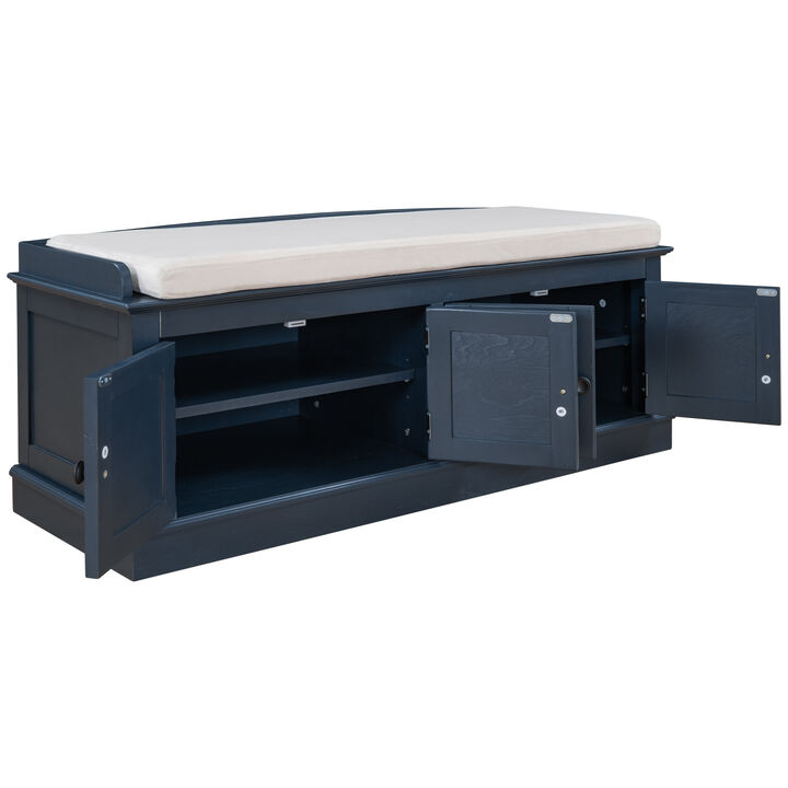 Storage Bench With 4 Doors And Adjustable Shelves, Shoe Bench With Removable Cushion