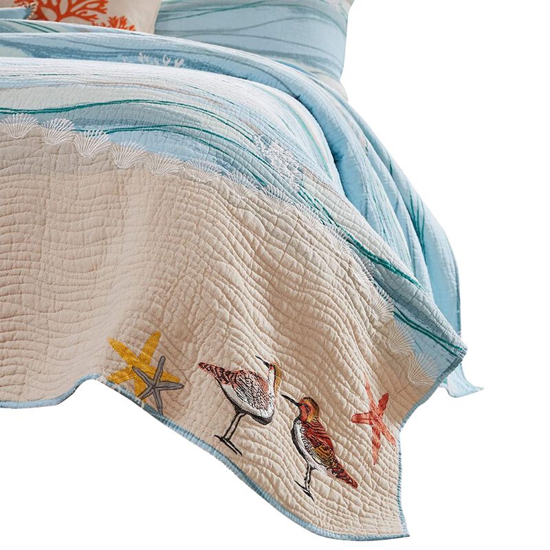 Maritsa Three Piece Queen Size Fabric Quilt Set with Coastal Prints, Blue - Benzara