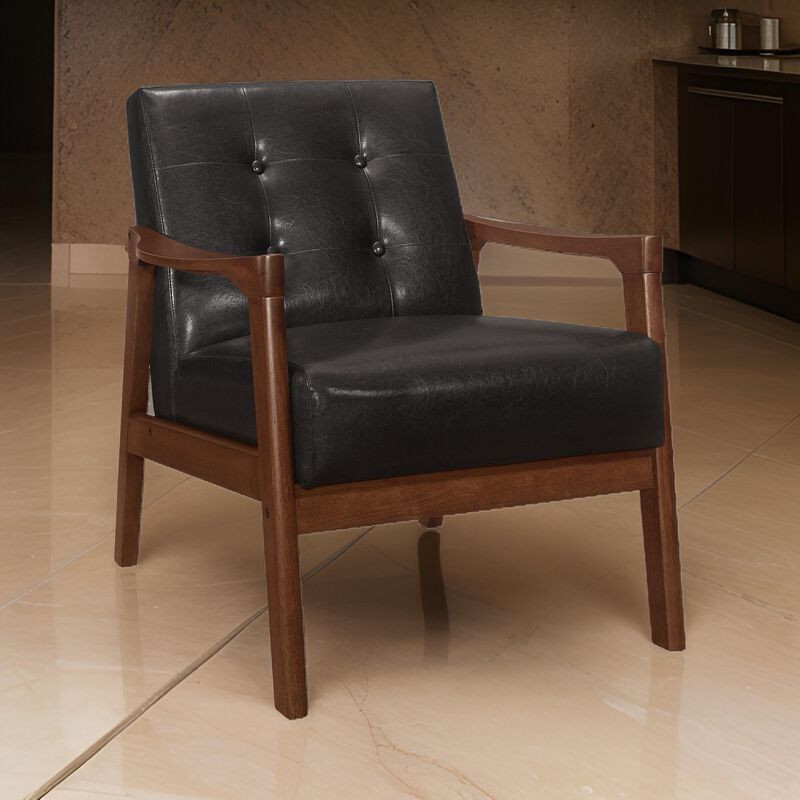 Aly 31 Inch Accent Chair Armchair, Dark Brown Faux Leather, Solid Wood - Benzara