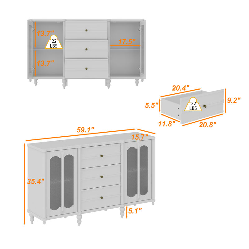FUFU&GAGA Modern White MDF Storage Cabinet – 3 Spacious Drawers & 2 Glass-Door Compartments, Cylindrical Legs (59.1" W x 15.7" D x 35.4" H), White