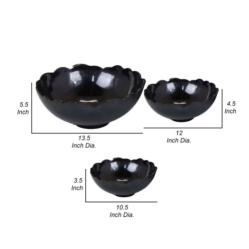 Bonz Set of 3 Bowls, Unique Top Shape, Round Base, Black Metal Finish - Benzara