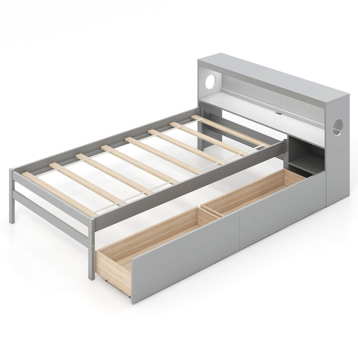 Bed Frame with LED Light and Bookcase Headboard