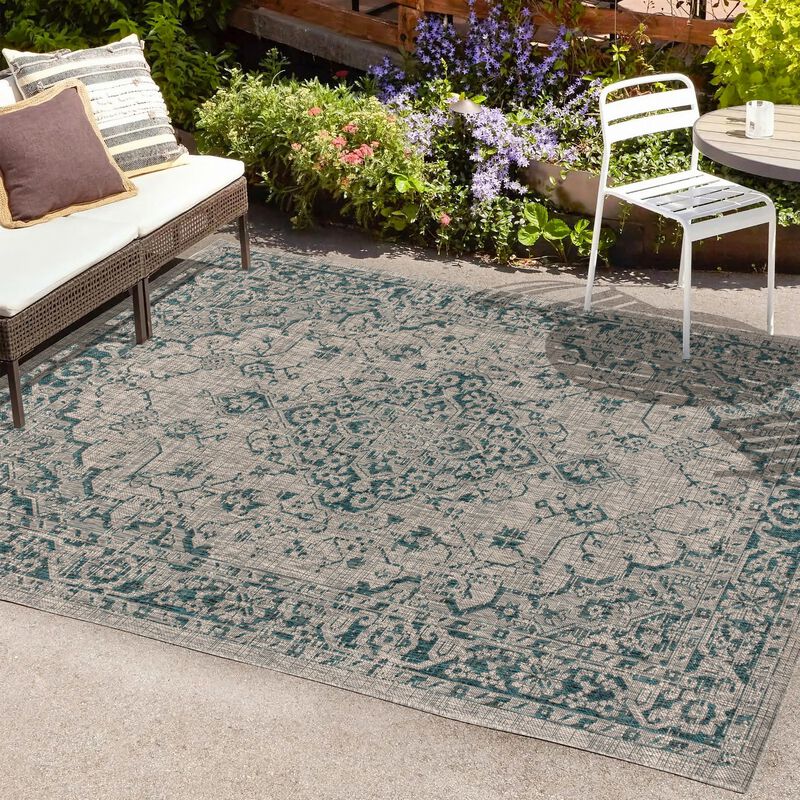 Rozetta Boho Medallion Textured Weave Gray/Black. Indoor/Outdoor Runner Rug