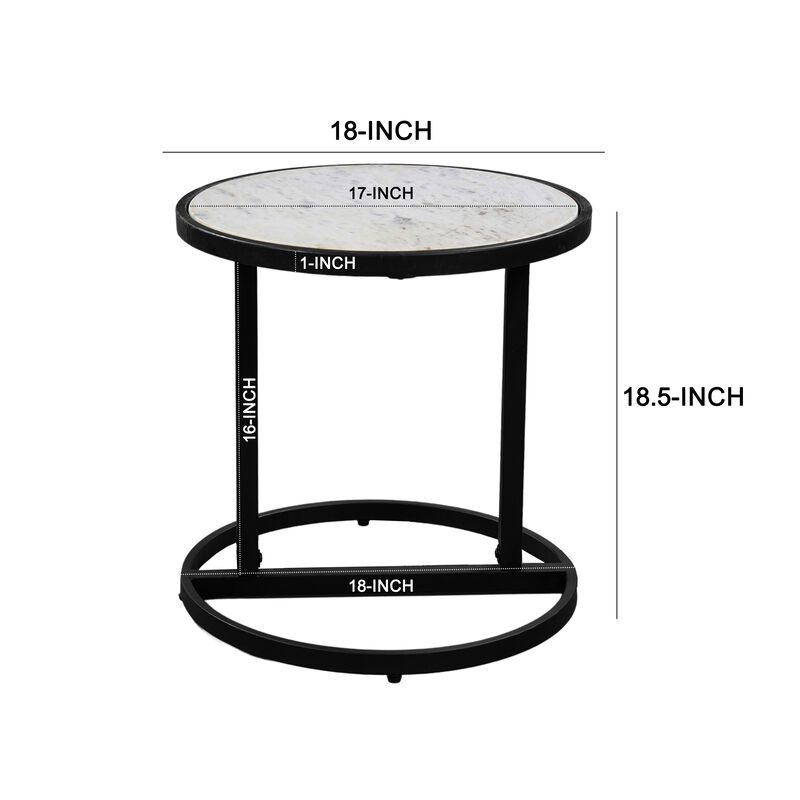 Beri 18 Inch Side End Table, Round White Natural Marble Top, Classic Slim Black Iron Frame - Benzara