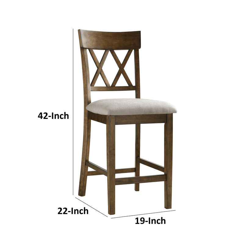 Carl 26 Inch Counter Height Chair, Polyester Seat, X Back, Brown, Set of 2 - Benzara