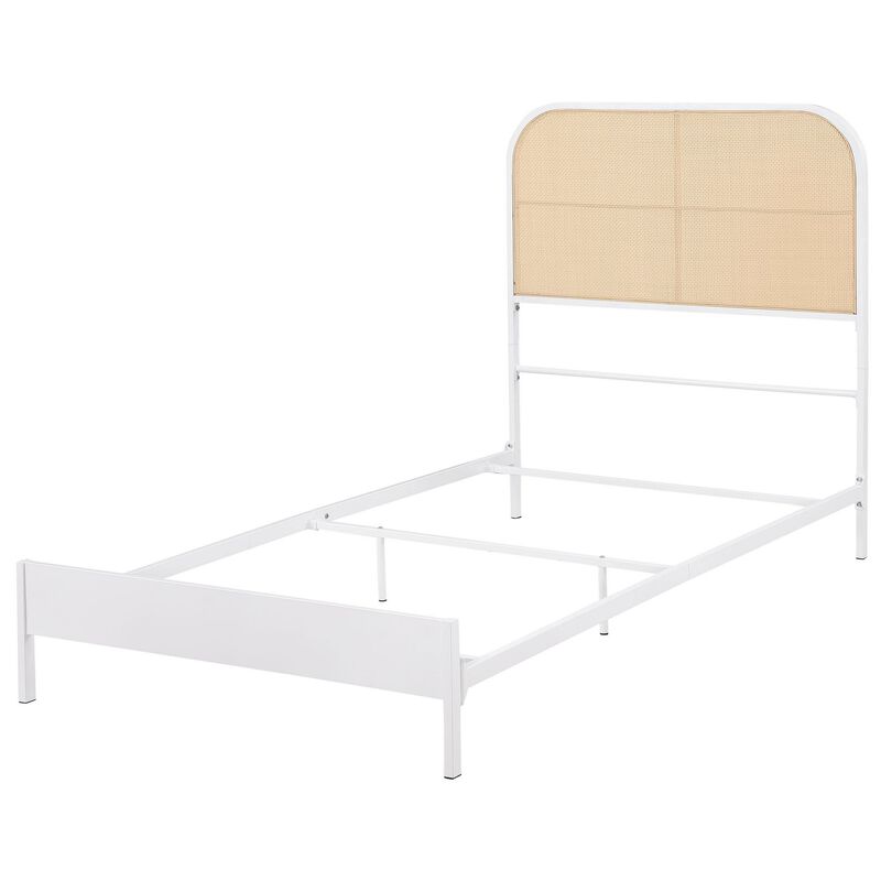 Ammy Twin Bed, Radio Weave Headboard, Brown Faux Rattan, White Metal  - Benzara