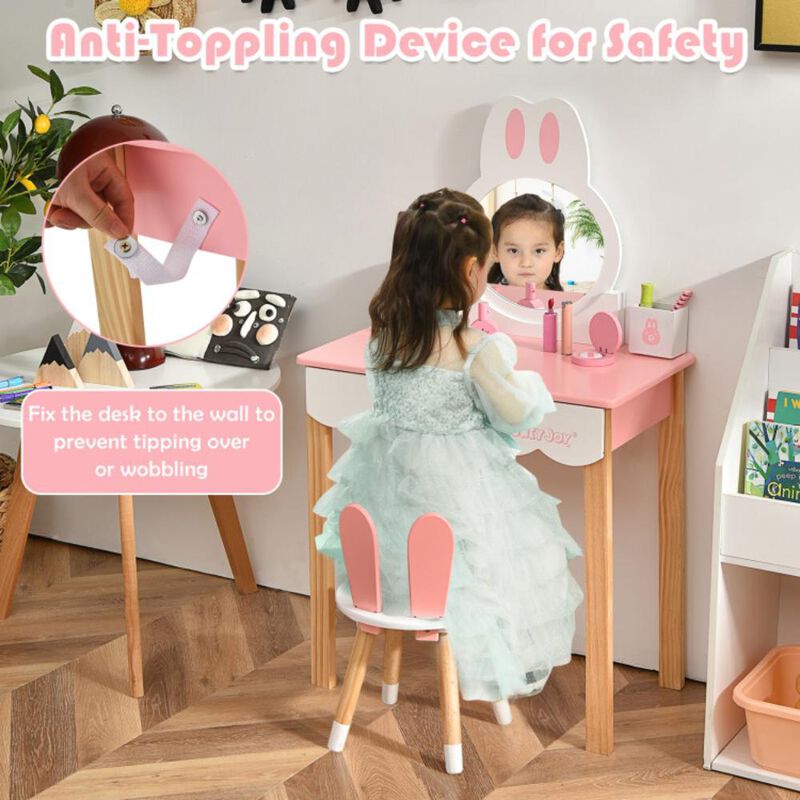 Hivvago Kids Vanity Set Rabbit Makeup Dressing Table Chair Set with Mirror and Drawer