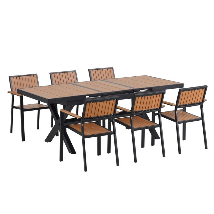 Mondawe Outdoor Patio Garden 7-Piece Extendable Dining Set, With 6 Chairs Flexible Adjustment
