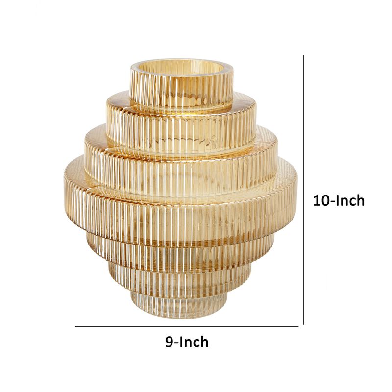 Rae 10 Inch Glass Vase, Geometric Round, Amber Yellow and Clear Finish-Benzara