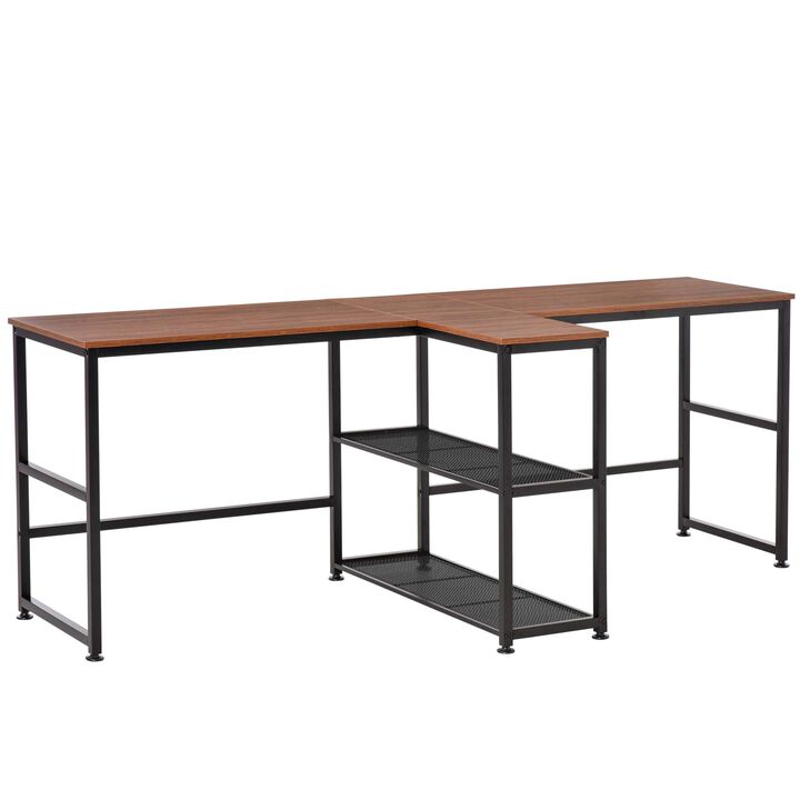 Dark Walnut Shared Workspace: 83" Two-Person Desk with Storage Shelves