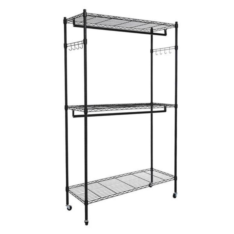 2-Tier Rod Closet Organizer Garment Rack with Clothes Storage, Hanger Shelf & Hooks