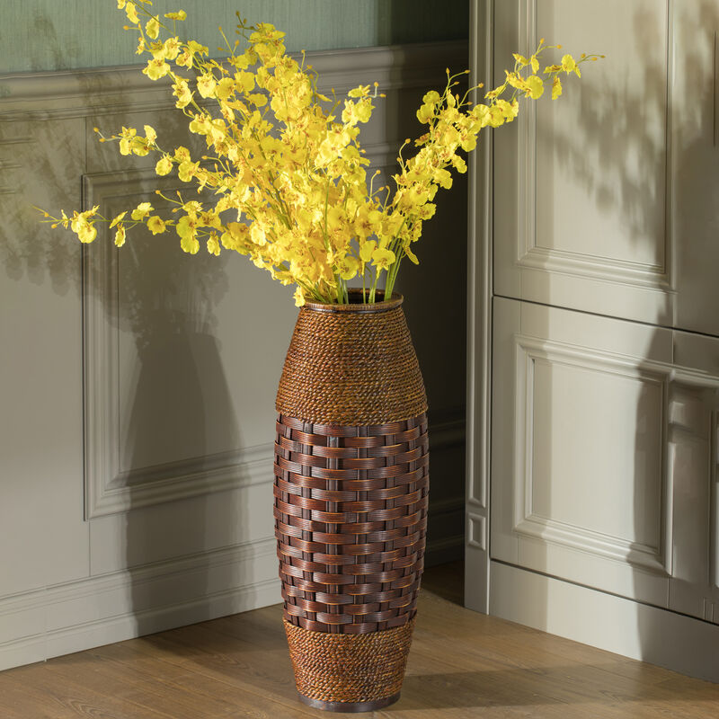 Antique Cylinder Style Floor Vase For Entryway or Living Room, Bamboo Rope, Brown 26" Tall