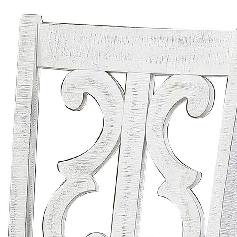 Neci 23 Inch Wood Dining Chair, Set of 2, Carved Back, Padded Seat, White -Benzara