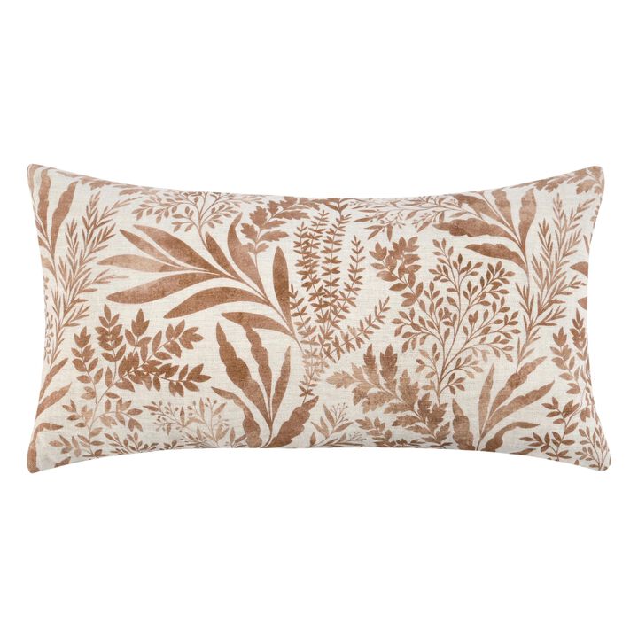 Mulo Lumbar Throw Pattern, Foliage Pattern 14x26 Inch Brown Flax Linen - Benzara