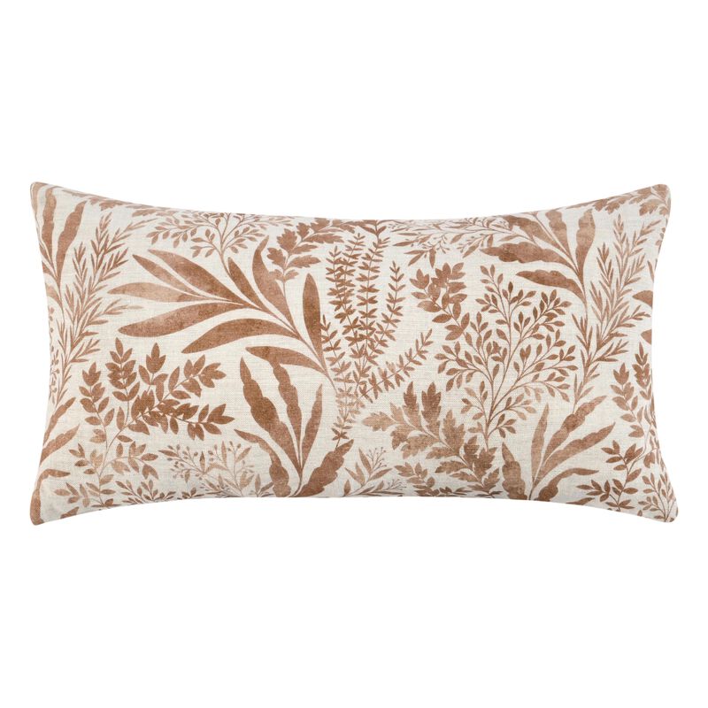 Mulo Lumbar Throw Pattern, Foliage Pattern 14x26 Inch Brown Flax Linen - Benzara