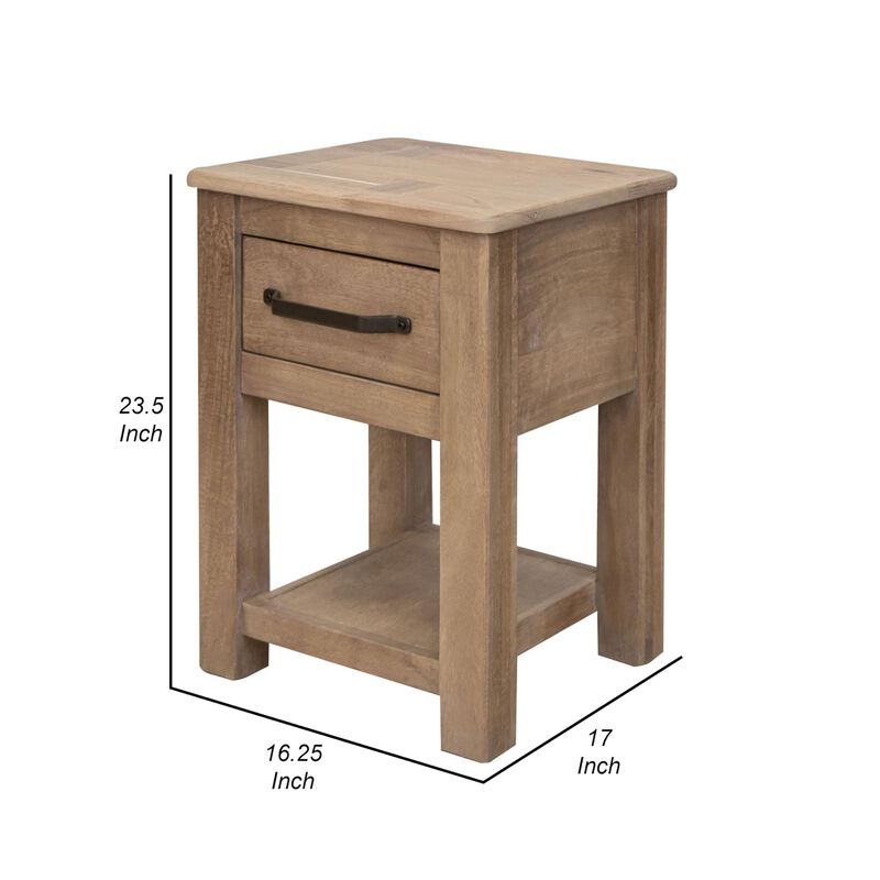 Benjara Umey 24 Inch Chairside Table, Drawer, Lower Shelf, Natural Wood, Brown and Black