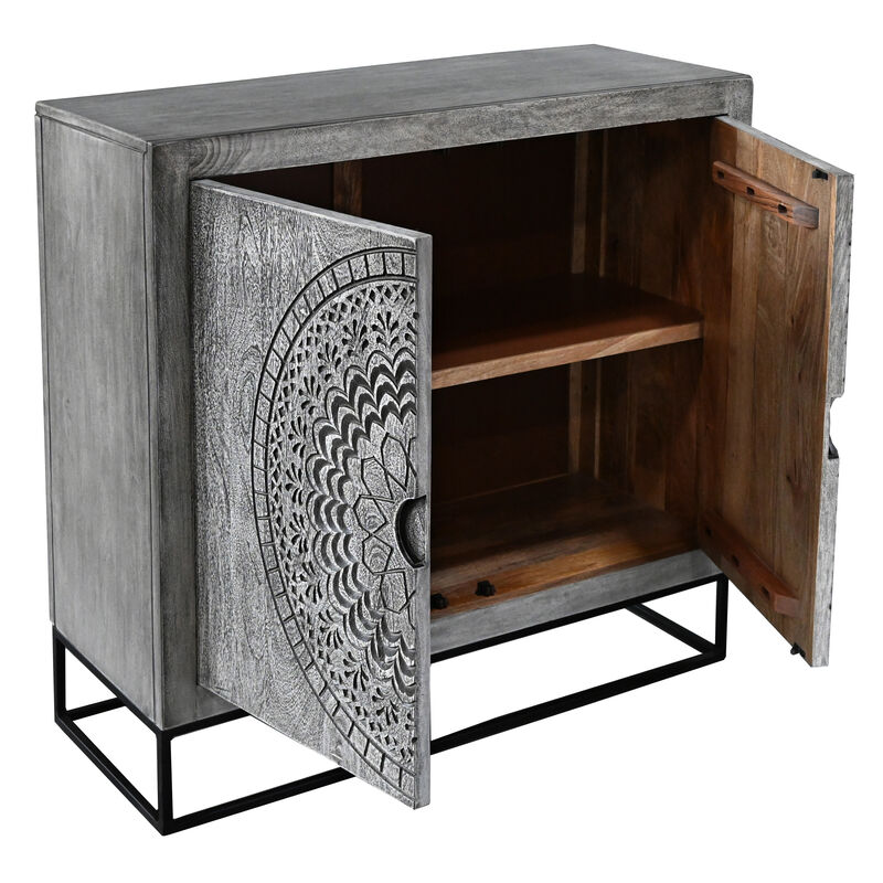 39 Inch Handcrafted Accent Cabinet with 2 Doors, Medallion Engraved, Sandblasted Gray Mango Wood, Black Iron Framed Stand-Benzara