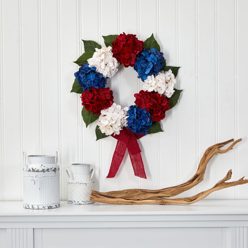 Hivvago 24" Red, White and Blue "Americana" Hydrangea Artificial Wreath