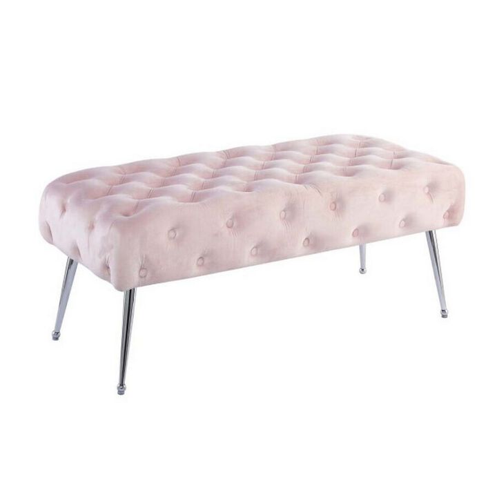 Rey 48 Inch Accent Bench, Tufted Pink Velvet Upholstery Padded Seat, Chrome - Benzara