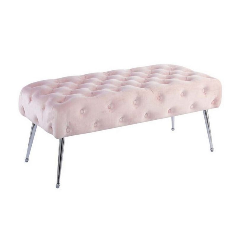 Rey 48 Inch Accent Bench, Tufted Pink Velvet Upholstery Padded Seat, Chrome - Benzara