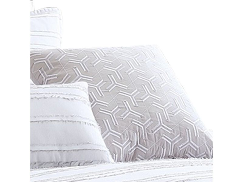 6 Piece King Cotton Comforter Set with Frayed Edges, White and Gray - Benzara