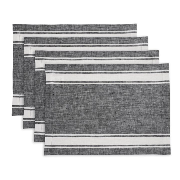 Solino Home 100% Pure Linen Stripe Placemats 14 x 19 Inch Set of 4 | Farmhouse Stripe