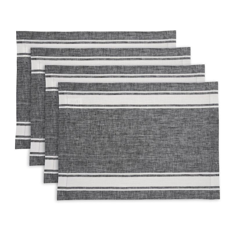 Solino Home 100% Pure Linen Stripe Placemats 14 x 19 Inch Set of 4 | Farmhouse Stripe