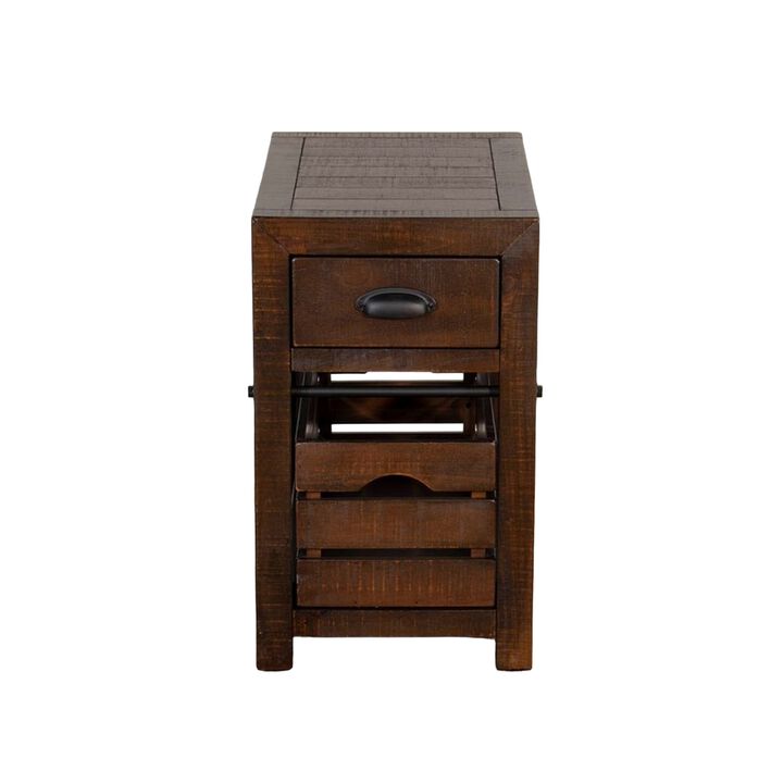 Flint Accent Chairside Table, 1 Drawer, Crate, 26 Inch Dark Brown Wood - Benzara