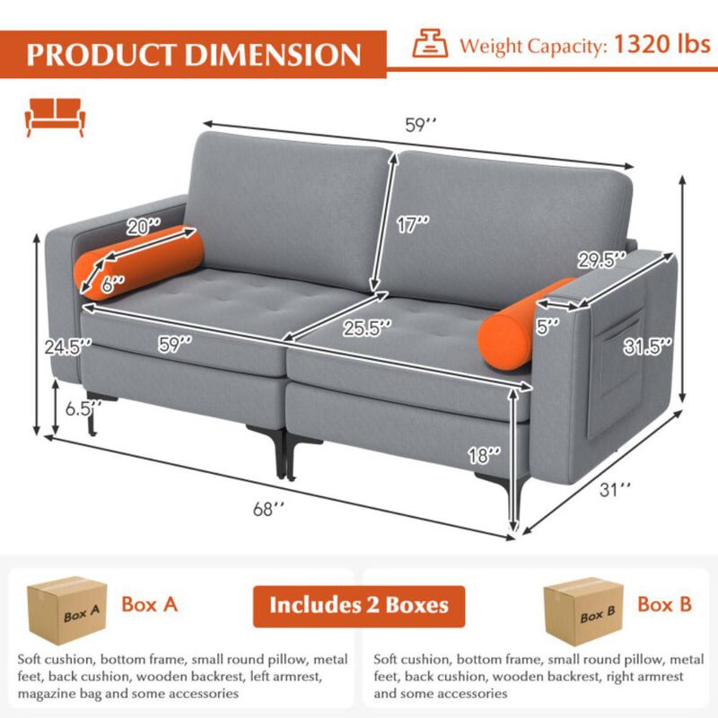 Hivvago Modern Loveseat Sofa with 2 Bolsters and Side Storage Pocket