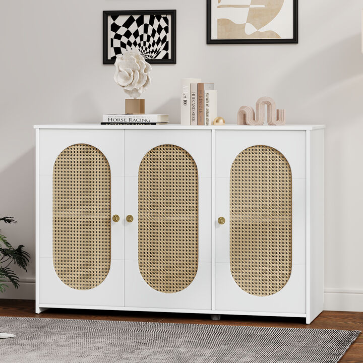 Clihome Retro 3-Door Sideboard with Large Storage Space Artificial Rattan Doors and Metal Handles, Accent Cabinet for Living Room and Hallway (White)