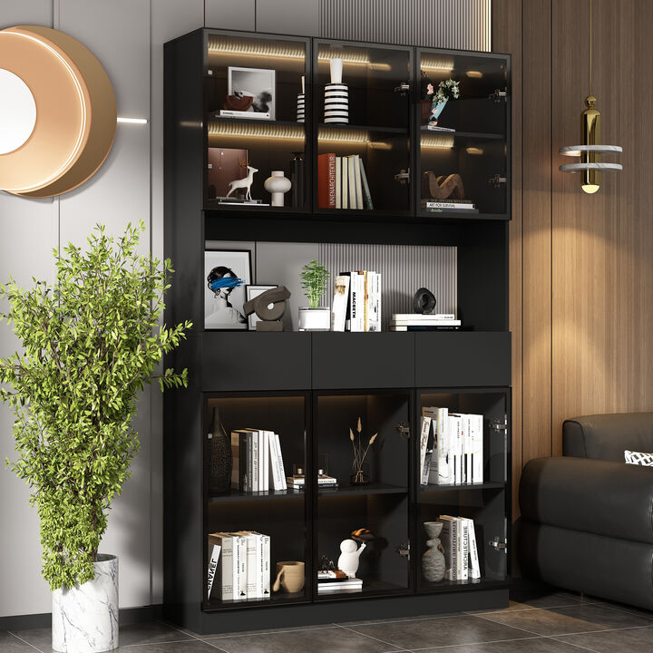 Black Wood 47.2 in. W Buffet Food Pantry W/Hutch, Glass Doors, Adjustable Shelves, LED Lights (14.2 in. D x 78.7 in. H)
