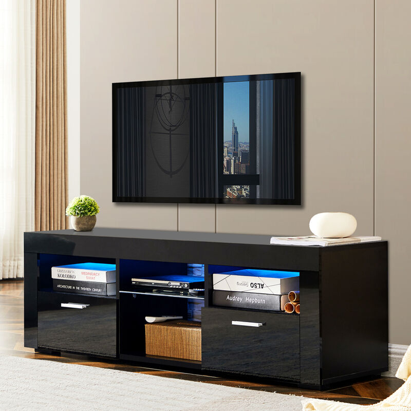 Black Modern TV Stand with LED Lights, high glossy front TV Cabinet, can be assembled in Lounge Room