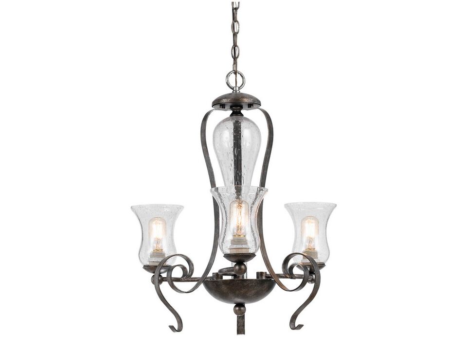 3 Bulb Chandelier with Scrolled Metal Frame and Glass Shades,Gray and Clear-Benzara