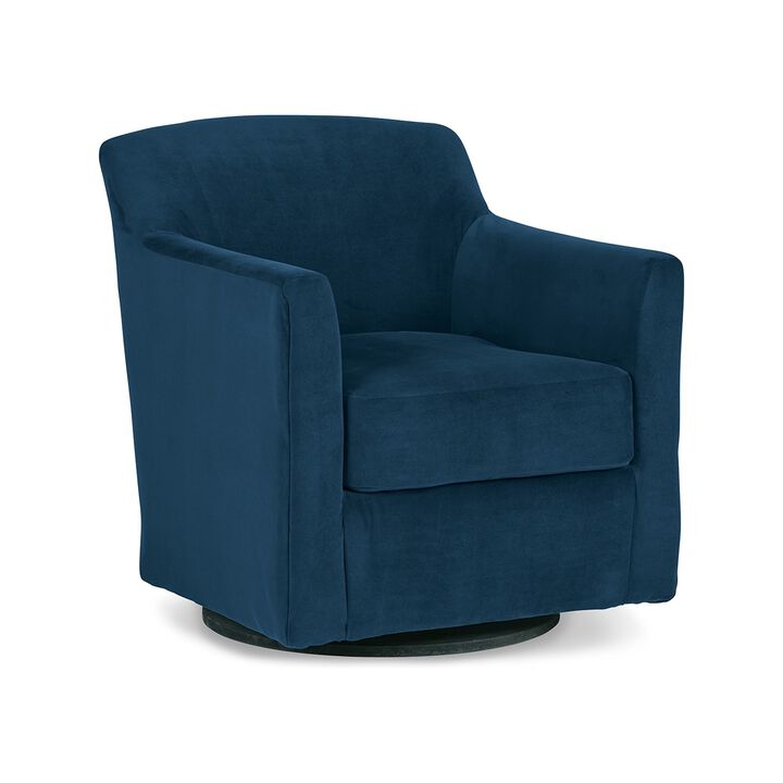 Leena Swivel Accent Chair, Blue Velvet, Shelter Style Arms, Black Wood - Benzara