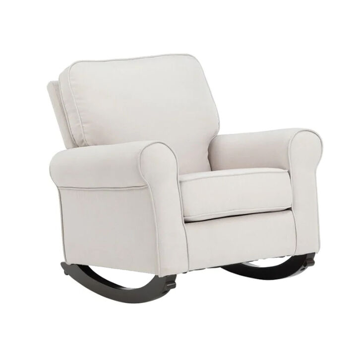37 Inch Rocking Chair, Pocket Coil Seat, Wood Frame, Soft Beige Upholstery - Benzara