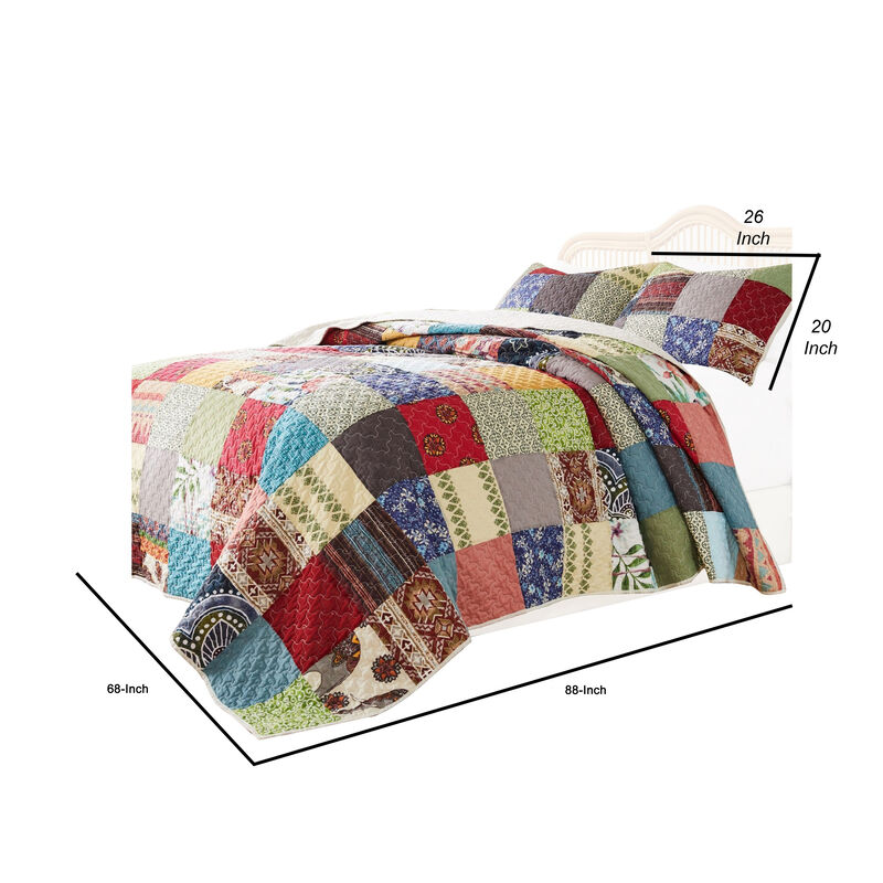 Lily 2 Piece Twin Quilt Set with Pillow Sham, Multicolor Patchwork - Benzara