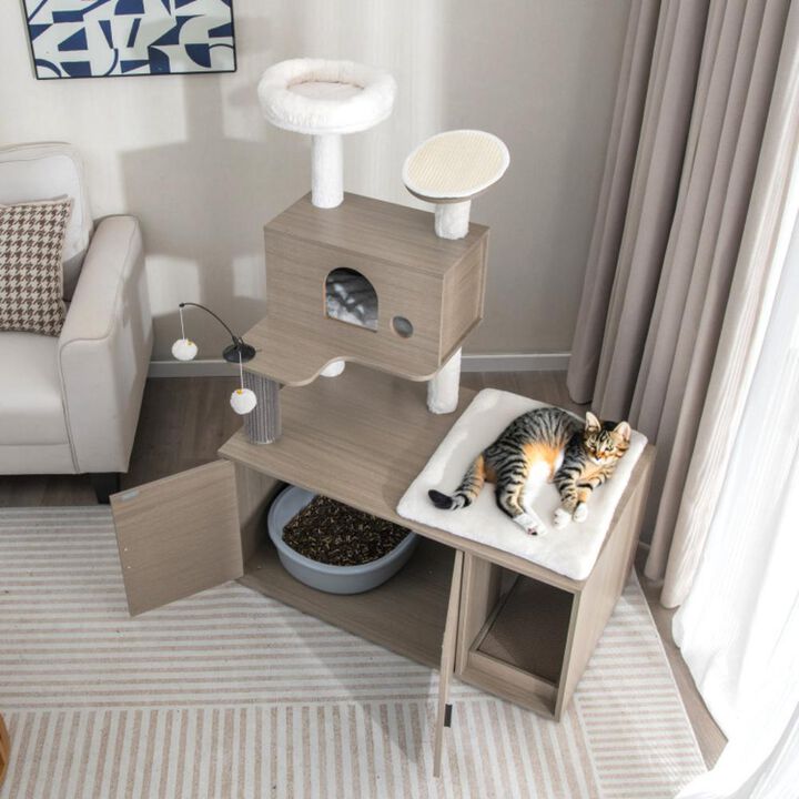 Hivvago 2-in-1 Modern Cat Tower with Litter Box Enclosure for Indoor Cars-Gray