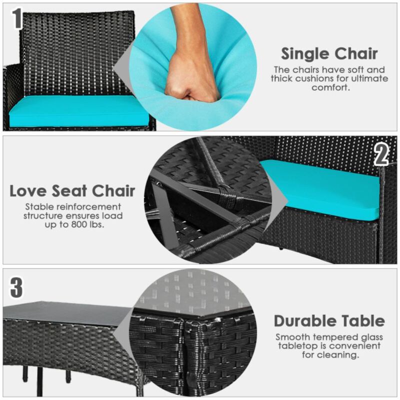 Hivvago 4 Pieces Patio Rattan Cushioned Sofa Set with Tempered Glass Coffee Table