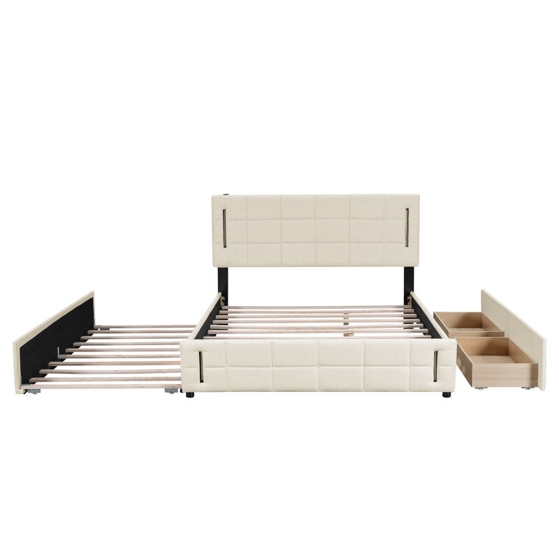 Merax Linen Platform Bed with Trundle and Drawers