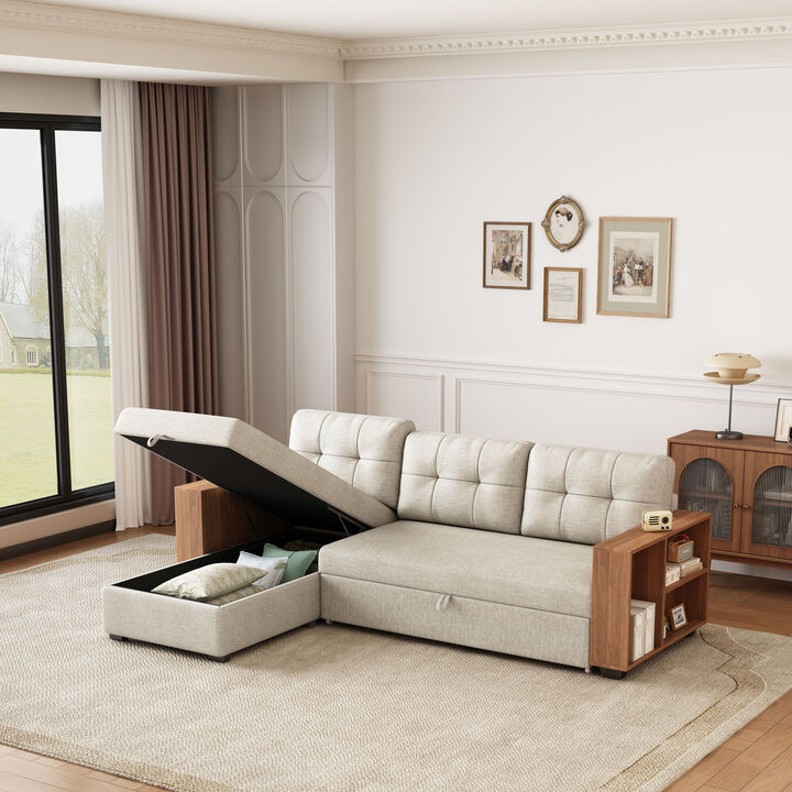 Merax Upholstered Pull Out Sectional Sofa with Storage Chaise
