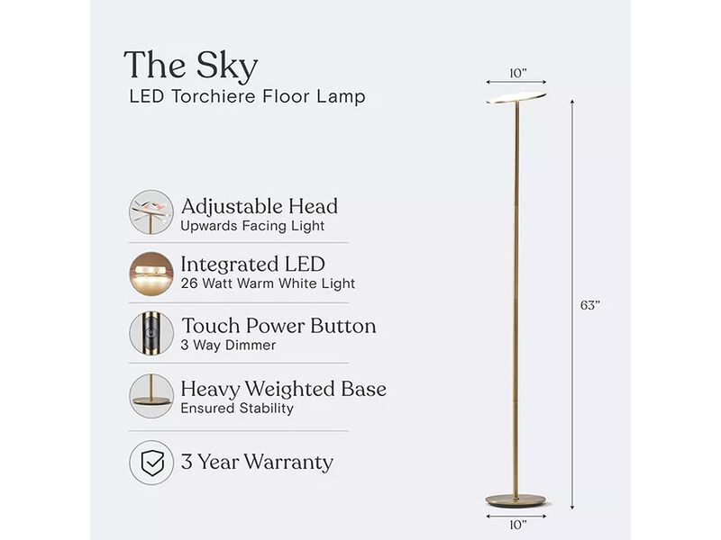 Brightech Sky 63" Super Bright LED Torchiere Modern Floor Lamp with Adjustable Head