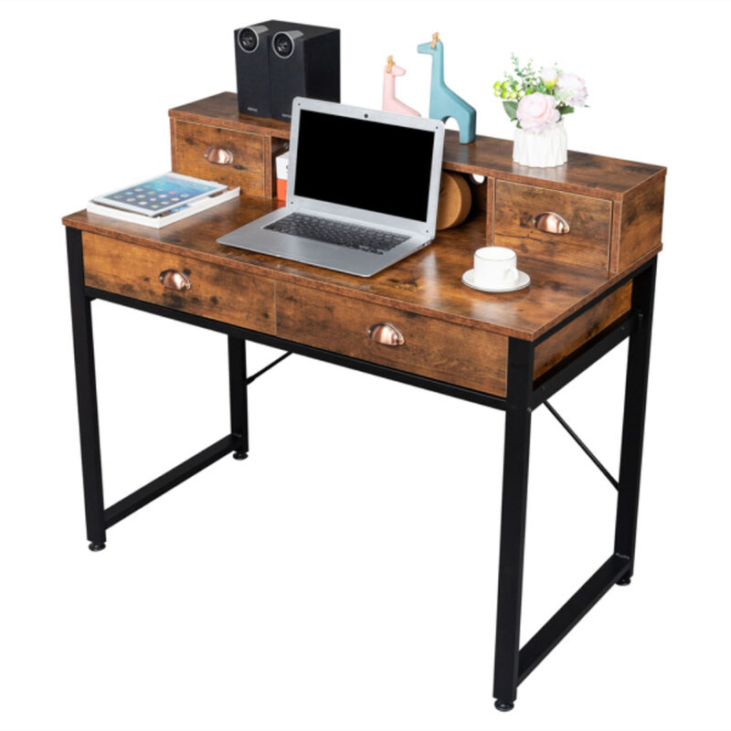 Steel Frame Computer Desk with Old Wood Table Top, 4 Drawers for Home Office or Study
