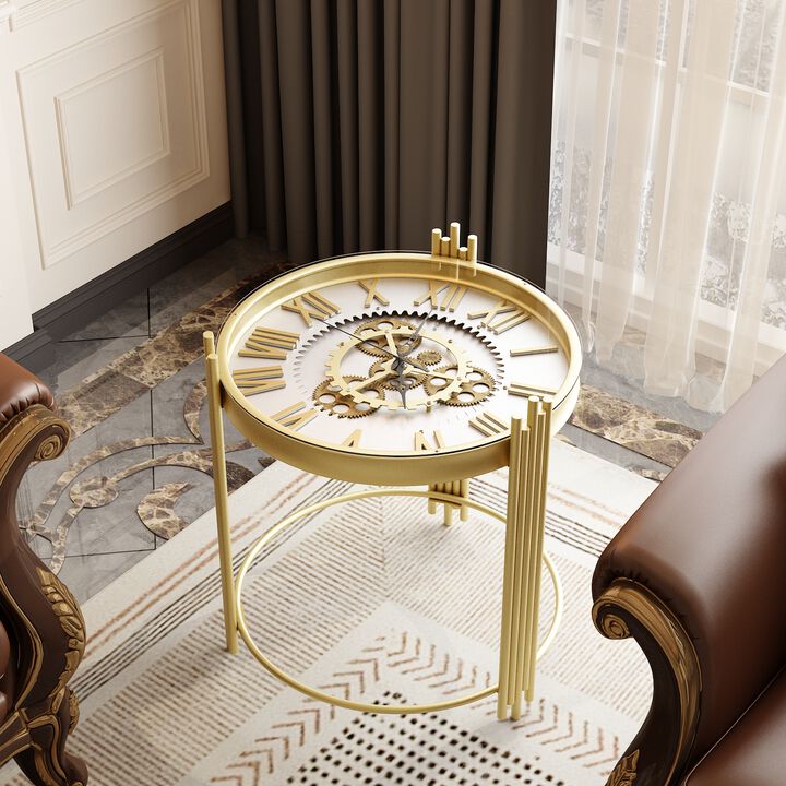 FUFU&GAGA Gold Gear Coffee Table with Spacious Tabletop, Sturdy Metal Legs, Circular Support Ring, Easy Assembly (18.5" W x 18.5" D x 20.5" H), Gold